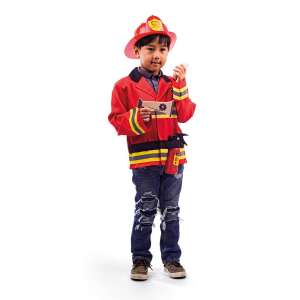 Child wearing a red firefighter costume with a helmet, holding a toy fire extinguisher - Bigjigs