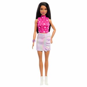 Barbie Fashionistas Puppe mit brünettem Haar, rosa Sternchenoberteil und schillerndem Rock - Mattel Baba