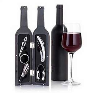 Wine bottle shaped gift set with 5 wine accessories, including a corkscrew, bottle stopper, pourer, ring, and foil cutter - Wine Opener & Corkscrew