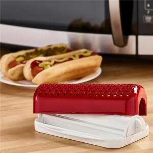 Hot Doglicious Microwave Hot Dog Cooker, red and white, makes perfect hot dogs in under a minute - Hot Dog Maker