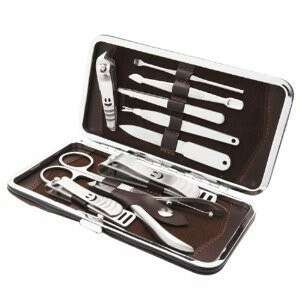 10 piece manicure and pedicure set with tools for nails, cuticles, and more in a brown leather case - Manicure set