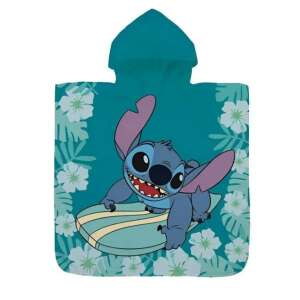 Disney Lilo and Stitch hooded towel poncho for kids, featuring Stitch surfing on a surfboard with tropical flowers and leaves pattern - Bath Towel, Washcloth, Hooded Towel