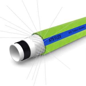 ATS Flex Anti Torsion System 6 rétegű kerti locsolótömlő, zöld kék csíkkal, belső szerkezet látható - ATS