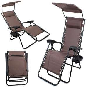 Collage of a brown zero gravity chair with canopy, cup holder, and phone holder, showing different angles and folded position - Fishing Chair & Armchair