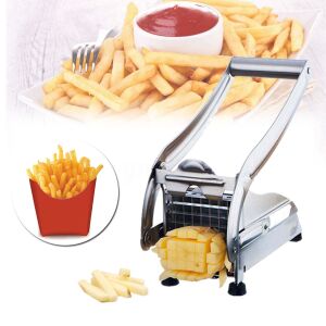 Manual stainless steel potato cutter with french fries and ketchup. - Handheld slicer