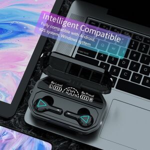 A15 TWS Wireless Earbuds with LCD display and charging case on a laptop - Headphone and Bluetooth Speaker