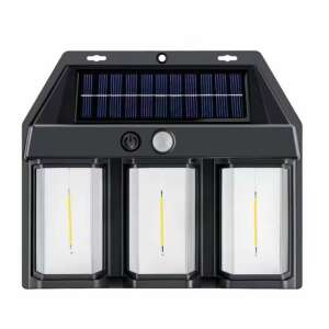 Czarna lampa solarna ścienna z 3 diodami LED i czujnikiem ruchu - Latarnia słoneczna