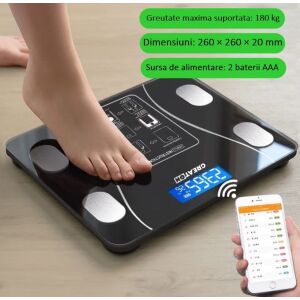 Smart Body Scale with Diagnostics and Thermometer, USB, Bluetooth, Fitness App, Tempered Glass, LCD, Black