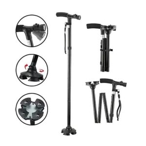 Adjustable Height Walking Stick with Flashlight, Max Length 93cm, Black