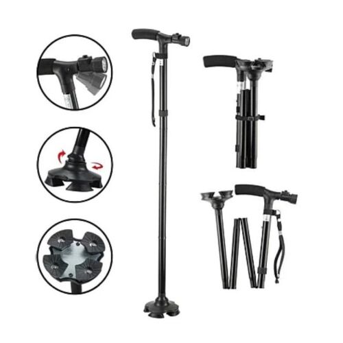 Adjustable Height Walking Stick with Flashlight, Max Length 93cm, Black