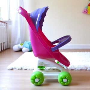 Játék babakocsi sport fehér váz zöld kerékkel lila kerettel (V)