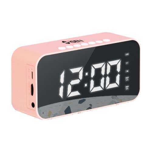 iSEN S15 Wireless Digital Clock, Pink, Bluetooth, LED Display, Alarm, FM Radio, HD Speakers, TF Card Playback, 1200mAh