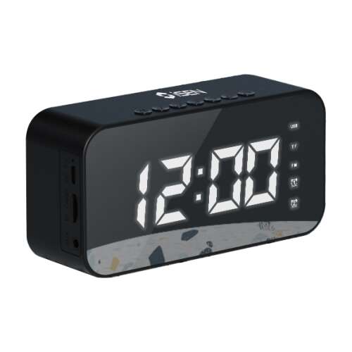 iSEN S15 Wireless Digital Clock, Black, Bluetooth, LED Display, Alarm, FM Radio, HD Speakers, TF Card Playback, 1200mAh