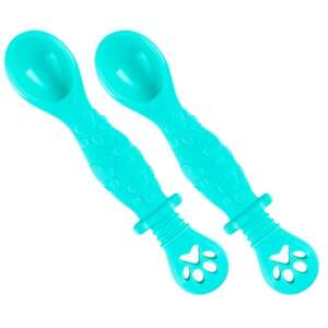 Set of 2 turquoise silicone baby spoons with paw print handles - Children's cutlery