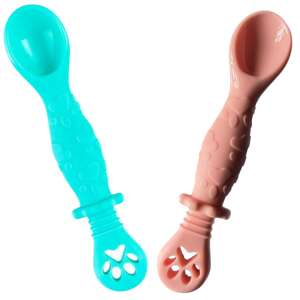 Set of 2 Silicone Baby Feeding Spoons for 4-24 Months, Turquoise and Pink