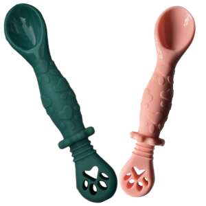 Set of 2 Silicone Baby Feeding Spoons for 4-24 Months, Green and Pink