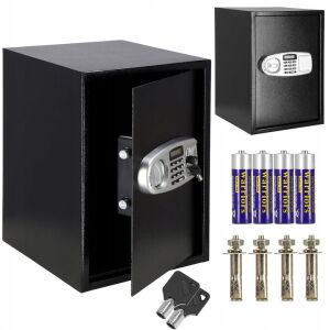 Springos digital safe collage with open safe, keys, batteries, and mounting hardware - Security Safe