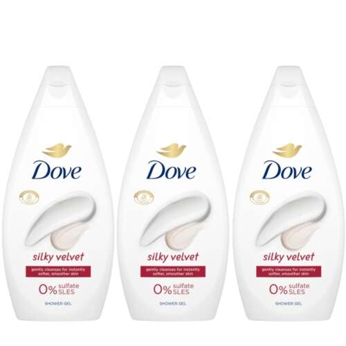 Dove Silky Velvet sprchový gél, 3-balenie, 0% sulfátov SLES, jemne čistí pre okamžite jemnejšiu a hladšiu pokožku
