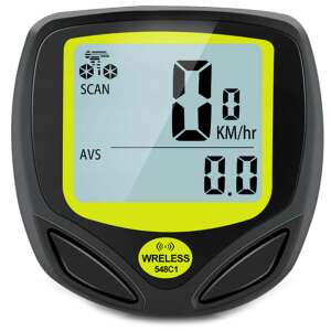 Carruzzo K455D Wireless Bicycle Computer, black with yellow accents, showing the display and functions - Bicycle computer
