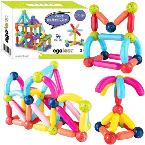 Egaleco mágneses építőjáték készlet, 64 darab, színes, gyerekeknek, STEM tanulás, kreativitás, képzelőerő, építőjátékok