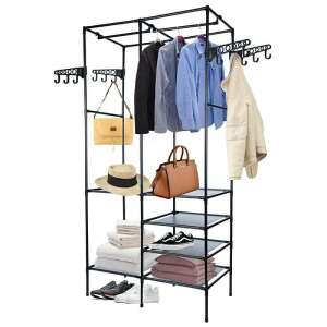 Black metal garment rack with shelves and hooks, great for organizing clothes, shoes, and accessories - Clothing Rack
