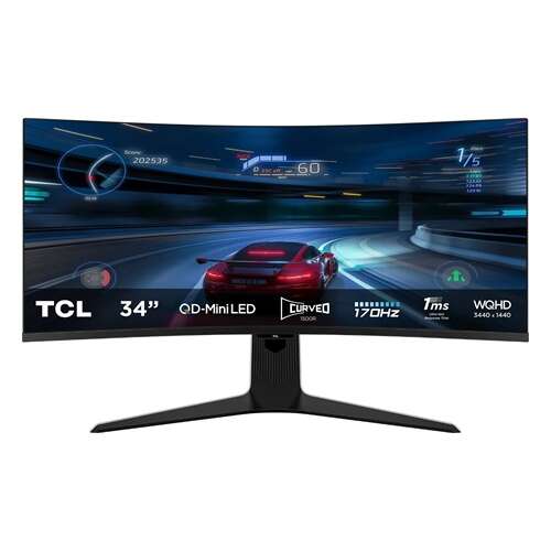 TCL 34R83Q 34 inch curved monitor with QD-Mini LED technology, 170Hz refresh rate, and 1ms response time