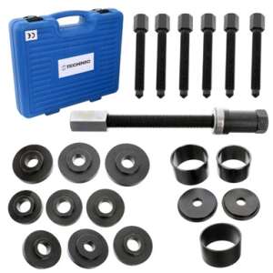 Technic LT-A1335 21-piece front wheel bearing puller set, includes various sizes of pullers, sleeves, and a screw, all in a blue plastic case - Bearing Puller
