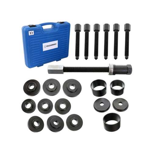 Technic LT-A1335 21-piece front wheel bearing puller set, includes various sizes of pullers, sleeves, and a screw, all in a blue plastic case