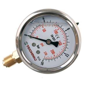 Pressure gauge, 0-16 bar, 1/4 inch connection, glycerin dampening, TECHNIC - Pressure gauge