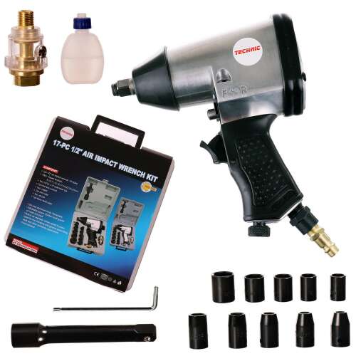Technic AT-5004SG 1/2" 17-piece air impact wrench kit for wheel changing, includes sockets, extension, oiler, and carrying case