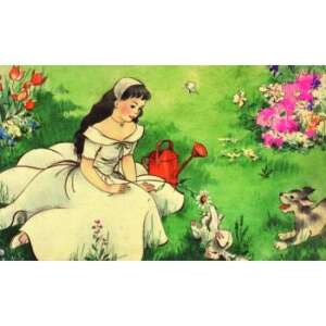 Albă ca Zăpada și cei șapte pitici diafilm ilustrație, Albă ca Zăpada udă florile cu o udătoare roșie - Diapozitive, carti audio, CD, DVD