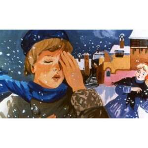 Diafilm Hókirálynő, ilustrație a unui băiat cu o pălărie și o eșarfă albastră, care pare trist - Filme diapozitive