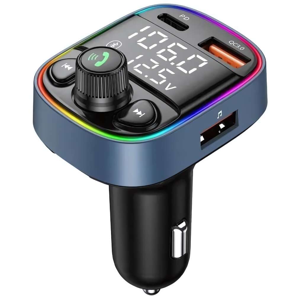 Autós FM modulátor Bluetooth 5.0 Promerco®-val, 10 funkció, C típusú / USB Quickcharge 3.0 autós töltő, RGB LED, akkumulátor feszültség kijelző, FM adó, fekete