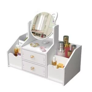 Cosmetic and Jewelry Organizer with Mirror, 2 Drawers and 4 Compartments, Plastic, White