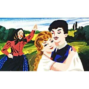 Ilustrație diafilm János Vitéz, o femeie tânără și un bărbat îmbrățișându-se, o femeie mai în vârstă în fundal - Filme diapozitive