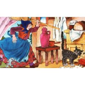 Ilustrație din diafilmul Kacor király, arătând o femeie care urmărește o pisică cu o mătură - Filme diapozitive