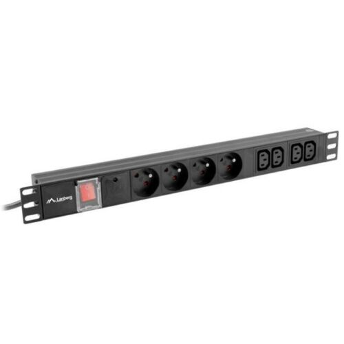 Angled view of Lanberg 1U PDU with 4 Schuko and 4 IEC sockets