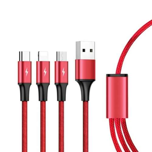 UNITEK 3 az 1-ben USB töltőkábel, piros, USB A USB C, Lightning, Micro-USB