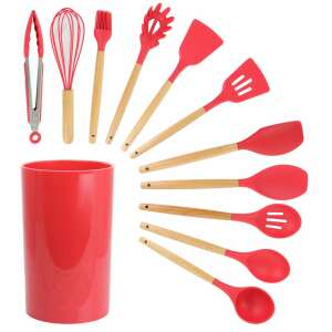 12 Piece Silicone Kitchen Utensil Set with Bamboo Handles, Red - Kitchen Tool Set