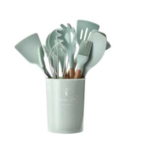 13 piece silicone kitchen utensil set with wooden handles in a green container - Kitchen Tool Set