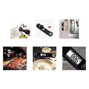 Andowl TP-660 digital food thermometer collage showing bottle opening, magnetic attachment, and temperature reading on steak and soup - Kitchen Thermometer