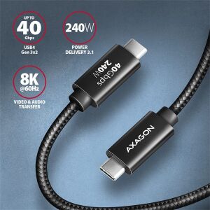 Axagon NewGEN+ USB-C Kabel, 40Gbps Datenübertragung, 8K Video Unterstützung, 240W Stromversorgung - AXAGON