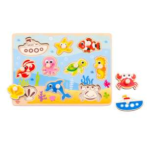 Fa tengeri állatos puzzle gyerekeknek, hajóval, rák, delfin, tengeri csillag, polip, teknős, tengeri ló és bohóc hal - Baba puzzle