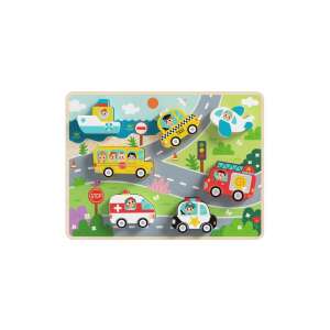 Puzzle din lemn pentru copii cu vehicule, inclusiv autobuz, ambulanță, mașină de poliție, taxi, camion de pompieri, avion și barcă.  Excelent pentru a învăța despre diferite tipuri de vehicule și culori. - Jocuri de sortare a formelor