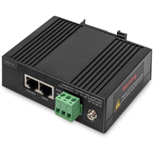 Digitus DN-651141 Gigabit PoE injektor, predný pohľad, zobrazujúci porty a konektor napájania