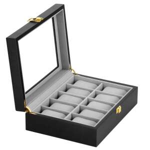 Fekete fa óratartó üvegtetővel, 10 rekeszes, Springos HA1066 - Óraforgató & óratartó doboz