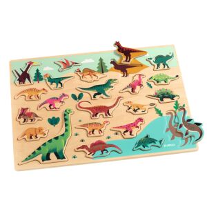 Djeco Dinosaur Shape Sorter Puzzle Board, wooden toy for toddlers - Developmental Toy for Baby