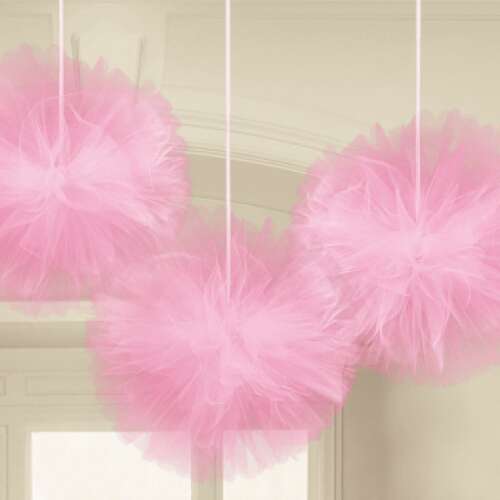 Pink tulle pom pom decorations, set of 3, hanging decorations