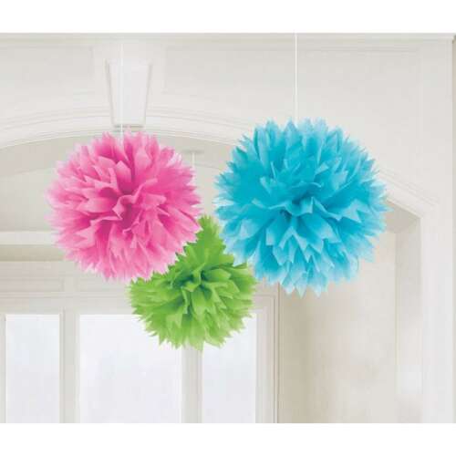 Set of 3 colorful paper pom poms for party decorations, pink, blue and green
