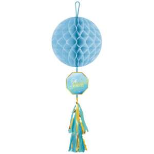 Blue honeycomb ball with 'Oh Boy!' tag and gold tassel, baby shower decoration - Party Decoration